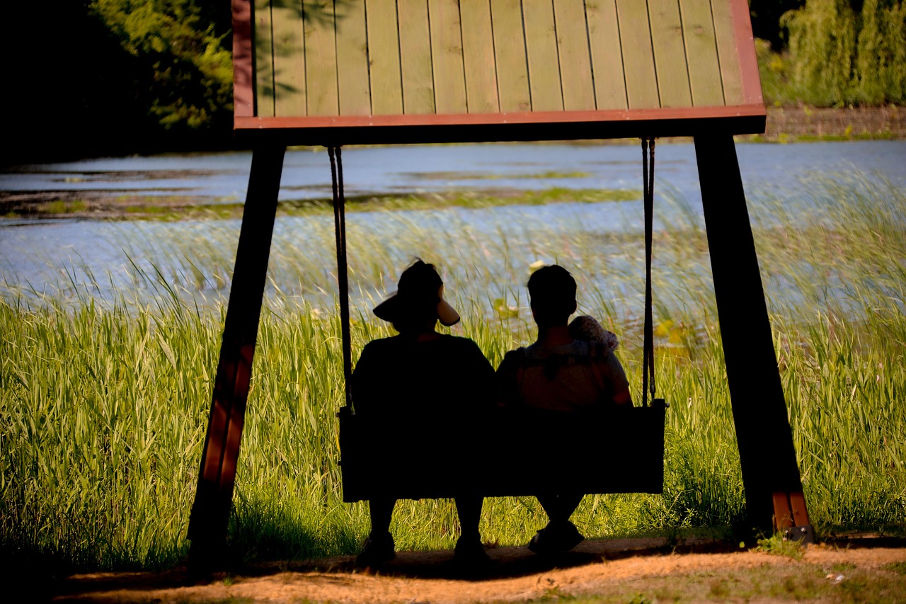 family, married couple, swing, love, nature, shelter, park, lake